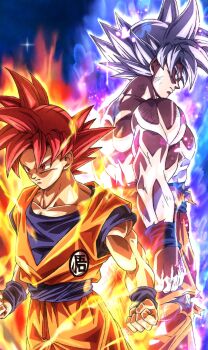 Rule 34 | 1boy, absurdres, aura, blue sash, dragon ball, dragon ball super, grey eyes, grey hair, highres, male focus, multiple views, muma maximum76, muscular, muscular male, orange pants, orange shirt, pants, red eyes, red hair, sash, shirt, son goku, spiked hair, super saiyan, super saiyan god, topless male, ultra instinct