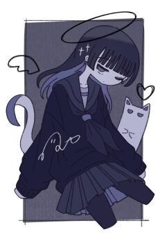 1girl black_hair black_pantyhose black_shirt cowboy_shot ghost grey_sailor_collar grey_skirt halo heart highres looking_at_viewer miniskirt omochi_noa one_eye_closed original outside_border pantyhose pleated_skirt sailor_collar school_uniform serafuku shirt signature skirt