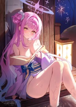1girl alternate_costume bare_shoulders blue_archive blue_hair blush breasts cleavage closed_mouth collarbone commentary dalmyang gradient_hair hair_bun halo highres japanese_clothes kimono large_breasts long_hair looking_at_viewer mika_(blue_archive) multicolored_hair night obi off_shoulder outdoors pink_hair pink_halo purple_kimono sash signature single_side_bun solo very_long_hair wet yellow_eyes