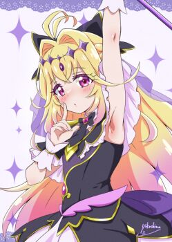 1girl antenna_hair arm_up armpits back_bow black_bow black_dress blonde_hair blush bow braid brooch commentary_request crossed_bangs cure_arcana_shadow dot_nose dress finger_to_mouth gradient_hair hair_between_eyes hair_bow hair_intakes heart heart_brooch holding holding_staff jewelry lace_background layered_dress long_hair looking_at_viewer magical_girl meitantei_precure! moria_luluka multicolored_hair parted_lips pink_hair precure purple_background purple_bow purple_eyes shiny_skin shushing signature solo sparkle staff tear_arcana_rod white_wrist_cuffs wrist_cuffs yokoshima_(euphoria)