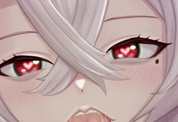 1girl assertive_female azur_lane blush commentary_request crossed_bangs fur_trim gangut_(azur_lane) hair_between_eyes hat heart heart-shaped_pupils highres kiss long_hair looking_at_viewer mikumaushi military_uniform mole mole_under_eye naval_uniform pov red_eyes solo symbol-shaped_pupils white_hair white_hat