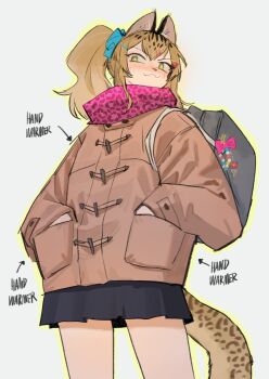 1girl :3 absurdres akiko_(vakiko6) animal_ears animal_print bag bag_charm blonde_hair blush charm_(object) commentary cowboy_shot duffel_jacket english_commentary english_text fang fang_out green_eyes hair_ornament hair_scrunchie hairclip hands_in_pockets highres leopard_ears leopard_girl leopard_print leopard_tail long_sleeves nose_blush original outline scarf school_bag scrunchie side_ponytail smile solo tail yellow_outline