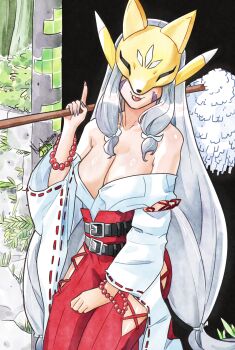 Rule 34 | 1girl, absurdres, animal ears, bare shoulders, bead bracelet, beads, belt, black belt, bracelet, breasts, cleavage, clothing cutout, collarbone, commentary, covered eyes, digimon, digimon (creature), english commentary, facial mark, facing viewer, fox ears, fox mask, gohei, grey hair, hakama, hakama pants, hand up, highres, hip vent, holding, holding gohei, index finger raised, japanese clothes, jewelry, kimono, long hair, low-tied long hair, low twintails, mask, medium breasts, miko, mixed-language commentary, nanaeljustice, off shoulder, pants, purple nails, red hakama, ribbon-trimmed sleeves, ribbon trim, sakuyamon, sakuyamon: miko mode, sidelocks, signature, solo, standing, tongue, tongue out, twintails, very long hair, white kimono, wide sleeves, yellow mask