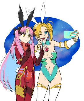 Rule 34 | 2girls, animal ear hairband, animal ears, b suke, blonde hair, blue hair, bodysuit, breasts, calamity jane (fate), calamity jane (third ascension) (fate), cellphone, colored inner hair, commentary request, double v, expressionless, facial mark, fake animal ears, fake tail, fate/grand order, fate (series), forehead mark, galaxy, green leotard, hairband, highres, holding, holding phone, ishtar (fate), large breasts, leotard, long hair, looking at phone, medium breasts, multicolored hair, multiple girls, navel, official art, official artist extra, one eye closed, phone, pink hair, rabbit ears, rabbit tail, red bodysuit, selfie, side ponytail, smartphone, smile, space ishtar (fate), space ishtar (third ascension) (fate), star-shaped pupils, star (symbol), strapless, strapless leotard, symbol-shaped pupils, tail, thick thighs, thighs, two-tone hair, two side up, v, white background