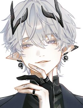 1boy ardashir_(arknights) arknights arknights:_endfield black_gloves black_horns black_shirt ear_covers earrings gloves grey_eyes grey_hair hashtag-only_commentary highres horns jewelry male_focus mano_(mano_mano_5) parted_bangs parted_lips partially_fingerless_gloves piercing portrait shirt short_hair simple_background single_ear_cover smile solo white_background