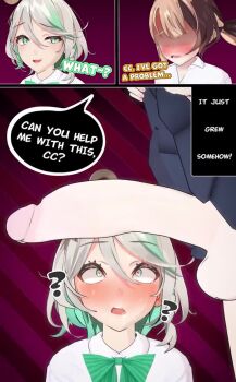1futa 1girl 3d ? animated blush bow bowtie brown_hair cecilia_immergreen clothes_lift collared_shirt colored_inner_hair drooling english_text futanari gigi_murin green_bow green_bowtie green_eyes green_hair grey_hair hair_between_eyes heart heart-shaped_pupils hololive hololive_english huge_penis itshollu lifting_own_clothes looking_at_penis medium_hair multicolored_hair open_mouth patterned_background penis penis_awe shaded_face shirt skirt skirt_lift sweat symbol-shaped_pupils testicles twitching_penis two-tone_hair video virtual_youtuber winding_key