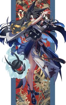 1girl 1other absurdres animal_ear_fluff animal_ears bare_shoulders black_dress black_hair commentary_request dress fingerless_gloves fox_ears fox_girl full_body gloves high_heels highres holding holding_sword holding_weapon hoshimi_miyabi hoshimi_miyabi_(dignified_blossom) japanese_clothes katana long_hair looking_at_viewer official_alternate_costume red_eyes sato_inryo sheath single_fingerless_glove solo standing sword tailless_(zenless_zone_zero) two-tone_dress weapon white_dress zenless_zone_zero