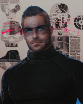 1boy black_hair black_shirt blue_eyes call_of_duty call_of_duty:_modern_warfare_2 closed_mouth facepaint facial_hair highres large_pectorals looking_at_viewer makenzie_polkas male_focus muscular muscular_male pectorals shirt short_hair soap_(modern_warfare_2) solo upper_body