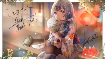 1girl animal animal_on_lap blue_eyes blue_hair blue_kimono blue_sash blunt_bangs border bow cat character_name closed_mouth commentary_request commission double-parted_bangs feet_out_of_frame floral_print floral_print_kimono food fruit hand_fan holding holding_fan indie_virtual_youtuber japanese_clothes kimono kotono_(vtuber) long_hair long_sleeves looking_at_viewer obi on_lap orange_bow outside_border print_kimono sash signature sitting skeb_commission sleeve_bow solo thank_you tsunoju virtual_youtuber watermelon watermelon_slice white_border wide_sleeves
