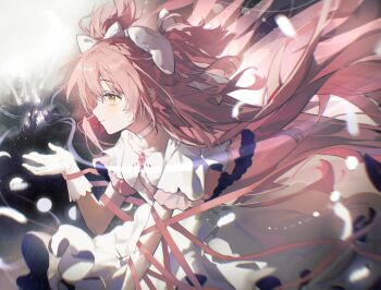 2girls absurdres akemi_homura akemi_homura_(magical_girl) bow chinese_commentary choker commentary_request dress falling_feathers feathers floating from_side geezhii giant giantess gloves hair_bow hand_up highres kaname_madoka long_hair looking_at_another mahou_shoujo_madoka_magica mahou_shoujo_madoka_magica_(anime) multiple_girls pink_hair pink_ribbon ribbon size_difference sky smile star_(sky) starry_sky two_side_up ultimate_madoka white_choker white_dress white_gloves yellow_eyes