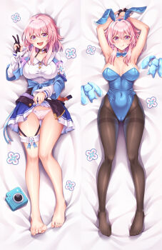 1girl :q alternate_costume animal_ear_hairband animal_ears arms_up barefoot black_choker black_gloves blue_bow blue_bowtie blue_hairband blue_leotard blush bow bowtie breasts brown_pantyhose camera choker clothes_lift commentary_request covered_navel cuddly_octopus dakimakura_(medium) detached_collar fake_animal_ears full_body gloves gradient_eyes hairband honkai:_star_rail honkai_(series) large_breasts leotard lifting_own_clothes long_sleeves looking_at_viewer lying march_7th_(honkai:_star_rail) multicolored_eyes multiple_views no_shoes on_back open_mouth panties pantyhose partially_fingerless_gloves pink_hair pink_panties playboy_bunny pleated_skirt purple_skirt rabbit_ear_hairband rabbit_ears shirt short_hair sidelocks single_glove skirt skirt_lift smile strapless strapless_leotard stuffed_animal stuffed_rabbit stuffed_toy suzu_miya teeth thigh_strap tongue tongue_out underwear upper_teeth_only v white_shirt