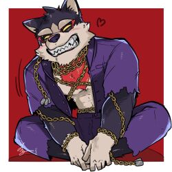 Rule 34 | 1boy, animal ears, bara, black sclera, border, butterfly sitting, chain, chest hair, colored sclera, dog boy, dog ears, dog tags, fangs, full body, furry, furry male, gakuran, garmr (housamo), grin, hands on feet, happy, heart, highres, jacket, male focus, muscular, muscular male, open clothes, open jacket, outside border, red background, school, school uniform, signature, simple background, sitting, smile, solo, tokyo houkago summoners, torn clothes, white border, yurunezi