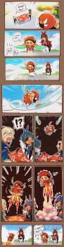 !? 1boy 3girls 4koma absurdres aircraft amber_(genshin_impact) chibi comic english_text enpitsu01 genshin_impact glider highres jean_(genshin_impact) jetpack kaeya_(genshin_impact) klee_(genshin_impact) multiple_girls speech_bubble