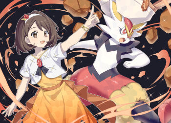 1girl 1other 88_(einnimnech) bracelet breasts brown_eyes brown_hair cinderace dress fang flower furry gen_8_pokemon gloria_(anniversary_2025)_(pokemon) gloria_(pokemon) gradient_clothes gradient_dress hair_ornament hairband highres jewelry nintendo official_alternate_costume open_mouth orange_dress outstretched_arm pointing pokemon pokemon_(creature) pokemon_masters_ex rock short_hair short_sleeves smile terastallization white_hairband