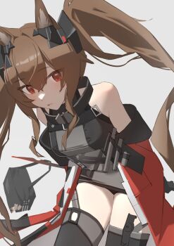 1girl angelina_(arknights) animal_ear_fluff animal_ears arknights arms_behind_back bag bare_shoulders belt black_bag breasts brown_hair clothes_down coat dress fox_ears fox_girl gilberta_(arknights) grey_dress hair_between_eyes headpiece high_belt high_collar highres holding holding_staff hrtk impossible_clothes impossible_dress leaning_forward long_hair looking_at_viewer medium_breasts messenger_bag off_shoulder open_clothes open_coat red_coat red_eyes short_dress shoulder_bag simple_background solo staff thighhighs thighs twintails white_background zettai_ryouiki