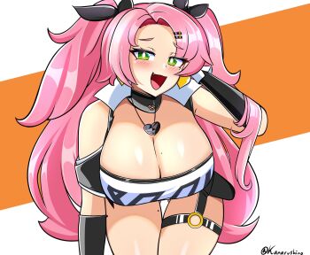 1girl absurdres bent_over blush breasts cleavage earrings fang female_focus gluteal_fold green_eyes heart highres jewelry kanaru large_breasts long_hair looking_at_viewer mole mole_on_breast mole_on_thigh mole_under_eye nicole_demara pink_hair solo thigh_gap zenless_zone_zero
