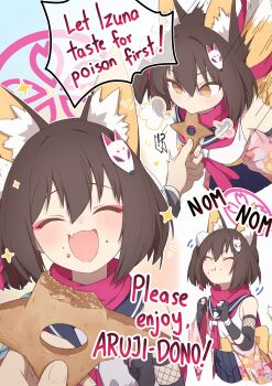 !? 1girl 1other absurdres animal_ears bare_shoulders biscuit_(bread) black_gloves blue_archive blush brown_eyes brown_hair chomping clenched_hands closed_eyes commentary eating english_text eyeshadow fang food food_bite food_on_face fox_ears fox_hair_ornament fox_tail fuhao10708 gloves halo highres holding holding_food izuna_(blue_archive) makeup motion_lines multiple_views open_mouth partially_fingerless_gloves pink_halo pink_scarf red_eyeshadow scarf school_uniform serafuku short_hair skin_fang skirt sleeveless smile sound_effects sparkle sparkling_aura speech_bubble spoken_interrobang symbol-only_commentary tail