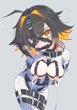 1girl absurdres ahoge bdsm bit_gag black_hair bodysuit bondage bound bound_arms bound_legs breastless_straitjacket breasts breasts_out bright_pupils colored_inner_hair eyes_visible_through_hair fangs female_focus gag gag_harness gagged glowing glowing_hair grey_background hair_intakes hair_over_one_eye highres hitachi_magic_wand lactation menou_74 milking_machine multicolored_hair nipples no_bra orange_eyes orange_hair original sex_toy short_hair simple_background skin_fangs solo standing straitjacket tsurime two-tone_hair variant_set vibrator white_bodysuit white_pupils