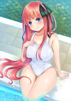 1girl arm_support blue_eyes blue_nails blush breasts butterfly_hair_ornament closed_mouth collarbone commentary_request covered_navel go-toubun_no_hanayome hair_ornament hand_on_own_chest highres kurosaki_coco large_breasts long_hair looking_at_viewer nakano_nino one-piece_swimsuit pink_hair poolside sitting smile soaking_feet solo swimsuit water white_one-piece_swimsuit