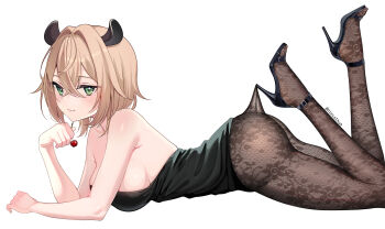 Rule 34 | 1girl, animal ears, bare arms, black dress, black shoes, breasts, brown hair, brown pantyhose, cherry, closed mouth, commentary, crossed bangs, dieselhuh, double-parted bangs, dress, floral print, floral print pantyhose, food, from side, fruit, full body, green eyes, hair between eyes, hair intakes, high heels, highres, holding, holding food, holding fruit, hooked on heel, indie virtual youtuber, lace, lace pantyhose, lace pantyhose hooked on heel (meme), large breasts, looking at viewer, lying, medium hair, meme, nimi nightmare, on stomach, pantyhose, print pantyhose, shoes, short dress, simple background, smile, solo, strapless, strapless dress, strappy heels, tapir ears, tapir girl, the pose, virtual youtuber, white background