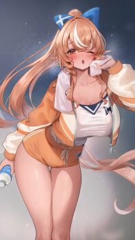 1girl ;o absurdres alternate_costume blonde_hair book bow breasts cleavage commentary_request cropped_jacket dark-skinned_female dark_skin elf hair_bow high_ponytail highres holding holding_book holding_towel hololive jacket large_breasts leaning_forward long_hair long_sidelocks looking_at_viewer maison_de_cante multicolored_hair one_eye_closed open_mouth orange_eyes orange_jacket orange_shorts pointy_ears ponytail shiranui_flare shirt shirt_tucked_in short_shorts shorts sidelocks solo streaked_hair sweat thigh_gap towel towel_around_neck virtual_youtuber white_shirt