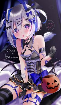 1girl alternate_costume amane_kanata angel angel_wings black_dress black_gloves black_thighhighs blue_hair bucket commentary demon_wings dress english_commentary frilled_dress frills gloves hair_intakes halo happy_halloween heart heart-shaped_pupils heart_o-ring highres holding holding_bucket hololive hosimiya_yume medium_hair multicolored_hair multiple_wings o-ring o-ring_thigh_strap pink_streaks purple_eyes solo spoken_heart star_halo streaked_hair symbol-shaped_pupils thigh_strap thighhighs two_side_up virtual_youtuber wings
