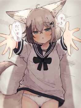 1girl animal_ears black_bow black_bowtie black_hair black_sailor_collar bow bow_panties bowtie commentary_request cowboy_shot fox_ears fox_girl fox_tail green_eyes groin hair_ornament hairclip highres incoming_hug kuon_(meguru_1225) long_sleeves looking_at_viewer lying meguru_1225 multicolored_hair no_pants on_back open_mouth original panties reaching reaching_towards_viewer sailor_collar sailor_shirt shirt short_hair solo speech_bubble sweat tail tearing_up tears translation_request two-tone_hair underwear white_hair white_panties white_shirt