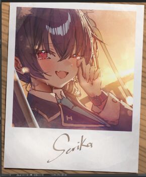 1girl aqua_necktie art_program_in_frame betabeet black_hair blue_archive blue_jacket blush collared_shirt crying hair_between_eyes heart heart_in_eye jacket looking_at_viewer necktie on_swing one_eye_closed polaroid_photo railing red_eyes serika_(blue_archive) shirt smile solo streaming_tears sunset swing symbol_in_eye table tearing_up tears watch wooden_table wristwatch