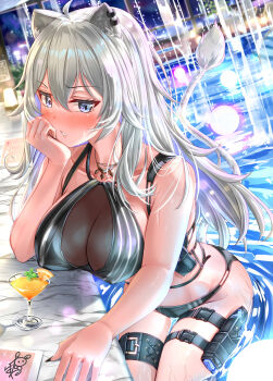 1girl absurdres adapted_costume ahoge animal_ear_piercing animal_ears ayakase_hotaru bikini blush breasts cocktail cocktail_glass commentary_request cup drinking_glass grey_eyes grey_hair grey_tail hair_between_eyes head_rest highres hololive holster lion_ears lion_girl lion_tail long_hair looking_at_viewer medium_breasts nail_polish night pool see-through_cleavage see-through_clothes shishiro_botan sitting solo striped_bikini striped_clothes swimsuit tail thigh_holster thigh_strap vertical-striped_bikini vertical-striped_clothes virtual_youtuber water