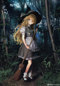 1girl absurdres apron black_hat black_shoes black_skirt black_vest blonde_hair bobby_socks bow broom chinese_commentary commentary_request day forest full_body hair_between_eyes hat hat_bow highres holding holding_broom kirisame_marisa kofi-mo long_hair looking_at_viewer mary_janes nature outdoors parted_lips puffy_short_sleeves puffy_sleeves shirt shoes short_sleeves skirt socks solo standing touhou very_long_hair vest waist_apron white_apron white_bow white_shirt white_socks witch_hat yellow_eyes