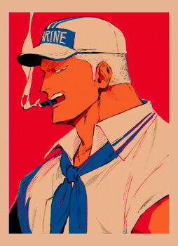 1boy alternate_hair_length alternate_hairstyle baseball_cap blue_neckerchief border brown_eyes buzz_cut cigar collared_shirt commentary_request grey_border hat highres jitome kabane_(rjev8385) looking_at_viewer male_focus military_uniform mouth_hold muscular muscular_male naval_uniform neckerchief one_piece profile red_background sailor_collar shirt short_hair simple_background smoke smoke_trail smoker_(one_piece) smoking solo teeth upper_body upper_teeth_only very_short_hair white_hair white_hat