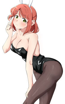 Rule 34 | 1girl, absurdres, alternate costume, animal ear hairband, animal ears, backless leotard, bare shoulders, bent over, black leotard, black pantyhose, breasts, cleavage, collarbone, commentary, embarrassed, fake animal ears, feet out of frame, green eyes, hair bun, hair ornament, hairband, hairclip, half updo, highres, large breasts, leotard, looking at viewer, love live!, love live! nijigasaki high school idol club, medium hair, orange hair, pantyhose, parallel hairclips, playboy bunny, rabbit ear hairband, rabbit ears, raised inner eyebrows, simple background, single side bun, solo, strapless, strapless leotard, uchuu no mozuku, uehara ayumu, white background, white hairband