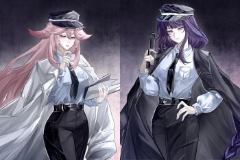 2girls absurdres alternate_costume alternate_universe animal_ears belt black_belt black_coat black_necktie black_pants blunt_bangs book braid chinese_commentary coat collared_shirt commentary_request couple cover cover_page formal_clothes fox_ears fox_girl genshin_impact gradient_background gun hair_between_eyes hat head_tilt highres holding holding_gun holding_weapon long_braid long_hair long_sleeves looking_at_viewer multicolored_hair multiple_girls necktie open_clothes open_coat pants pink_hair police purple_eyes purple_hair raiden_shogun shirt single_braid siyanghuasanke streaked_hair suit upper_body wavy_hair weapon white_coat white_shirt yae_miko yuri