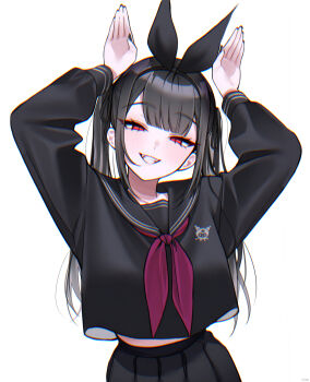 1girl :d absurdres arm_up arms_up bad_tag black_hair black_hairband black_nails black_ribbon black_sailor_collar black_shirt black_skirt blush chromatic_aberration commentary_request cowboy_shot grin hair_ribbon hairband haze_(7h4ze) highres long_hair long_sleeves looking_at_viewer midriff_peek mixed-language_commentary nail_polish open_mouth original pleated_skirt rabbit_pose red_eyes ribbon sailor_collar shirt simple_background skirt smile solo tsurime twintails white_background