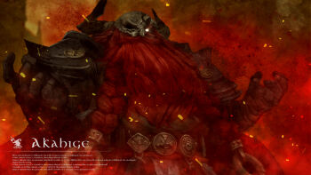 1boy armor beard braid braided_beard breastplate broken_helmet character_name dwarf english_text facial_hair fake_horns full_beard glowing glowing_eye helmet highres horned_helmet horns kjk_kat12349 latin_text long_beard long_hair male_focus mustache one_eye_covered pauldrons red_beard_(wizardry) red_hair shoulder_armor skull_on_head solo thick_mustache wizardry wizardry_variants_daphne yellow_eyes