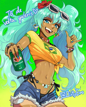 1girl :d aqua_hair artist_name bead_bracelet bead_choker bead_necklace beads belly_chain bikini bikini_bottom_under_shorts bikini_under_clothes black_bikini blue_eyes blue_shorts bracelet brazilian_flag brazilian_flag_print brazilian_miku can commentary cowboy_shot cutoffs dark-skinned_female dark_skin dirty_ero drink_can english_commentary exposed_pocket eyewear_on_head flag_print flower gradient_background green_background guarana_antarctica hair_between_eyes hair_flower hair_ornament hatsune_miku highres holding holding_can jewelry long_hair looking_at_viewer multicolored_nails multiple_bracelets nail_polish navel necklace open_clothes open_fly open_mouth open_shorts rectangular_earrings round_teeth shaka_sign shirt short_shorts short_sleeves shorts side-tie_bikini_bottom simple_background smile solo stomach sunglasses swimsuit tan tanline teeth tied_shirt twintails twitter_username vocaloid white-framed_eyewear yellow_shirt