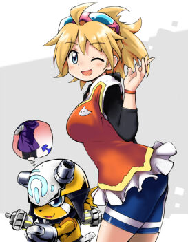 Rule 34 | 1girl, blush, cable, digimon, goggles, goggles on head, itsuki (digimon), looking at viewer, naoto (digimon), one eye closed, onmon, wink