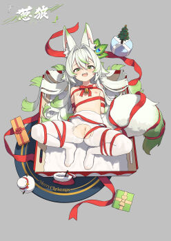 1girl absurdres animal_ear_fluff animal_ears arms_behind_back bdsm bell blush bondage bound box cat-quest-sun chinese_commentary christmas christmas_present cleft_of_venus commentary_request covered_navel flat_chest frogtie gift gift_box green_eyes green_hair grey_hair highres in_box in_container long_hair lying merry_christmas multicolored_hair neck_bell negiwolf nipples no_shoes on_back open_mouth original pantyhose pussy red_ribbon ribbon ribbon_bondage solo spread_legs streaked_hair tail teeth topless_female torn_clothes torn_pantyhose two-tone_hair uncensored upper_teeth_only variant_set white_pantyhose wolf_ears wolf_girl wolf_tail