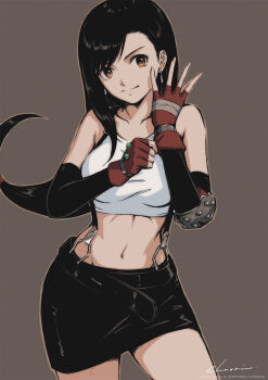 1girl absurdres adjusting_clothes adjusting_gloves arm_warmers black_arm_warmers black_hair black_skirt breasts brown_background brown_eyes closed_mouth commentary_request cowboy_shot crop_top elbow_pads final_fantasy final_fantasy_vii fingerless_gloves gloves highres long_hair low-tied_long_hair materia medium_breasts midriff miniskirt navel pencil_skirt red_gloves shirt simple_background single_elbow_pad skirt solo stomach suspender_skirt suspenders tifa_lockhart tyanoki white_shirt