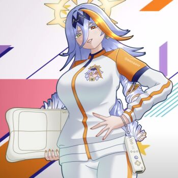 1girl alternate_costume baldr_(fire_emblem_heroes) controller fire_emblem fire_emblem_heroes game_controller halo heterochromia highres nintendo novasvr orange_hair orange_streaks ringlets single_hair_streak white_hair wii_remote workout_clothes