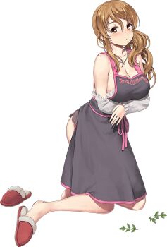 1girl bad_link breasts brown_eyes brown_hair cleavage clothes_writing dress full_body grey_dress hair_over_shoulder jiji_(aardvark) kantai_collection kneeling large_breasts littorio_(kancolle) littorio_(setsubun)_(kancolle) official_art pinafore_dress side_ponytail single_slipper sleeveless sleeveless_dress slippers solo sweater torn_clothes torn_sweater transparent_background unworn_slippers white_sweater