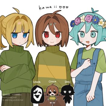 1boy 1girl 1other aqua_eyes aqua_hair basil_(headspace)_(omori) basil_(omori) blonde_hair blue_eyes brown_hair chara_(undertale) character_name commentary_request crossed_arms dande_lion2604 dual_persona hair_intakes head_wreath highres jitome long_hair long_sleeves omori overalls pleated_skirt poniko ponytail red_eyes short_hair short_sleeves sidelocks skirt smile stranger_(omori) sweat sweater trait_connection turtleneck uboa undertale utdr_(toby_fox) watermark yume_nikki