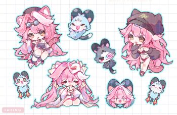 +_+ 1girl animal_ears animal_print artist_name ascot beret bikini black_hat black_jacket black_sandals blue_hood blush breasts cat_mask cat_o-ring chattino_(raora_panthera) chibi chibi_only cleavage closed_eyes closed_mouth coat commentary drinking english_commentary eyeshadow eyewear_on_head goggles goggles_on_head grid_background hair_intakes hair_ornament hair_ribbon hair_stick hat hat_with_ears hololive hololive_english jacket japanese_clothes jetpack kimono leopard_print leopard_print_bikini long_hair long_sleeves makeup mask mask_on_head multicolored_hair naiichie o-ring o-ring_thigh_strap open_mouth panther_ears panther_girl panther_tail pink_bikini pink_coat pink_hair pink_tail print_bikini raora_panthera raora_panthera_(1st_costume) raora_panthera_(new_year) red_eyeshadow ribbon sandals seiza shirt shoes sitting smile socks standing streaked_hair swimsuit tail thigh_strap thighs twintails virtual_youtuber white_ascot white_background white_kimono white_ribbon white_shirt white_shoes white_socks yellow_eyes