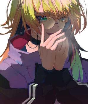 8rk9 blonde_hair blue_eyes choker glasses highres hood hoodie long_hair long_sleeves melissa_kinrenka melissa_kinrenka_(2nd_costume) multicolored_hair nijisanji open_mouth simple_background smile solo white_background