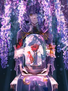 1girl absurdres apron brown_hair dress elise_liedl flower hair_flaps hair_ribbon highres little_goody_two_shoes long_hair low_twintails maid_apron medium_hair patchwork_clothes purple_dress red_dress red_flower red_ribbon red_rose ribbon rose rozenmarine_(little_goody_two_shoes) shawl smile straw_doll twintails updateaou white_apron white_shawl