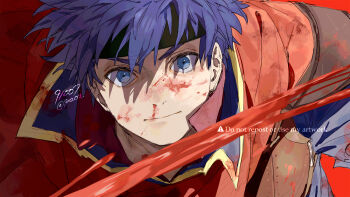 1boy 91007 blood blood_on_face blue_eyes blue_hair closed_mouth commentary_request fire_emblem fire_emblem:_path_of_radiance headband highres ike_(fire_emblem) looking_at_viewer male_focus multiple_boys nintendo