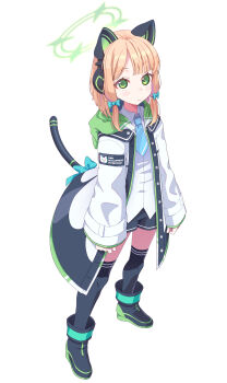 1girl animal_ear_headphones animal_ears black_boots black_coat black_shorts black_thighhighs blonde_hair blue_archive blue_bow blue_necktie blush_stickers boots bow buttons cat_ear_headphones cat_ears closed_mouth coat collared_shirt commentary fake_animal_ears full_body green_eyes green_halo green_hood green_trim hair_bow halo headphones highres hood hood_down hooded_coat looking_at_viewer low-tied_sidelocks medium_hair midori_(blue_archive) multicolored_coat necktie open_clothes open_coat shirt shorts sidelocks simple_background sleeves_past_wrists solo standing tanuki_soutou_x thighhighs white_background white_coat white_shirt wide_sleeves