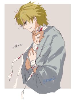 Rule 34 | 1boy, alternate hair color, bandaged arm, bandaged neck, bandages, bandaid, bandaid on cheek, bandaid on face, blonde hair, blood, bloody bandages, closed mouth, cropped torso, from side, highres, hospital gown, loose bandages, male focus, nagisa kaworu, neon genesis evangelion, short hair, signature, solo, translation request, upper body, yorumi1117