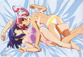 00s 2girls age_difference ahoge arm_up ass back barefoot bed bed_sheet between_legs blue_eyes blue_hair blush blush_stickers bow bow_bra bra braid breasts buckle bustier choker cleavage clenched_hands closed_mouth collarbone cross-laced_clothes dakimakura_(medium) feet flat_chest frilled_bra frilled_panties frilled_thigh_strap frills from_above from_behind hair_ribbon hair_spread_out highres indoors itou_katsunobu knees_up kokubunji_koyori large_breasts leg_between_thighs light_smile lingerie loli long_hair looking_at_viewer looking_back low-tied_long_hair megami_magazine multiple_girls nail_polish nakahara_komugi non-web_source nurse_witch_komugi-chan nurse_witch_komugi-chan_magikarte official_art on_bed onee-loli open_bra outstretched_arm panties parted_lips pink_eyes pink_hair pink_nails purple_bra red_eyes reference_work ribbon ribbon_choker satou_taka scan shiny_skin short_hair single_braid smile straddling strap_slip tan thigh_straddling thigh_strap toenail_polish toenails toes two_side_up underwear underwear_only unfastened watanabe_akio white_panties yuri