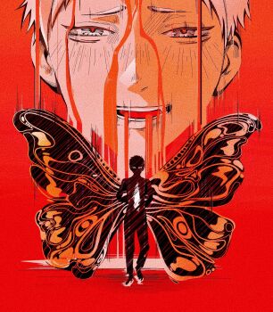 1boy hashtag-only_commentary highres hikaru_ga_shinda_natsu indou_hikaru kitsarn male_focus open_mouth red_background red_pupils short_eyebrows short_hair simple_background teeth white_hair wings